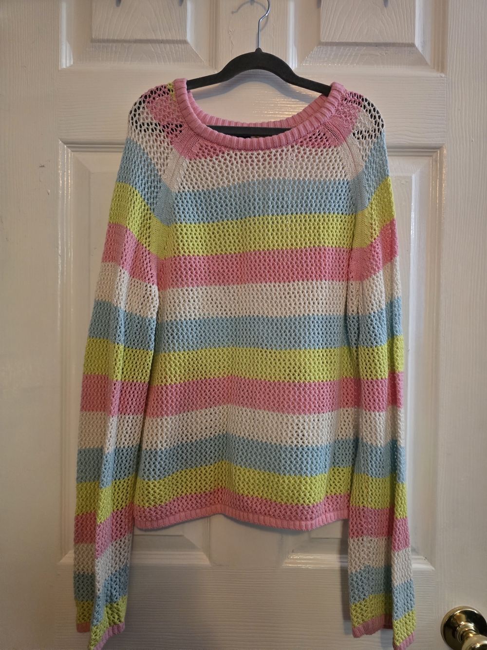 Girl's Old Navy Open-Knit Striped Crewneck Sweater in Pink, Blue, Lime & White